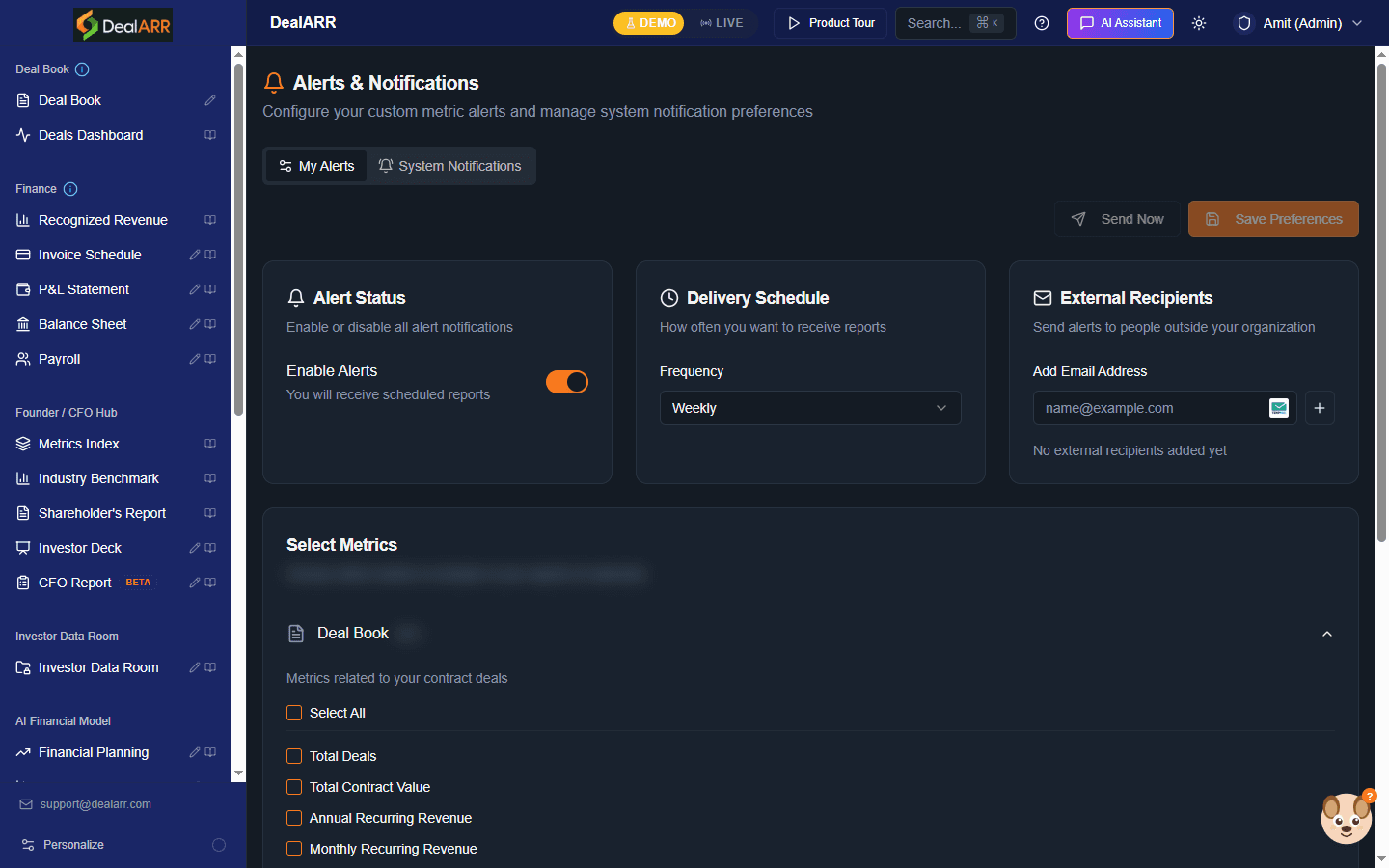 Alerts and notifications flagging subscription revenue risks and metric changes