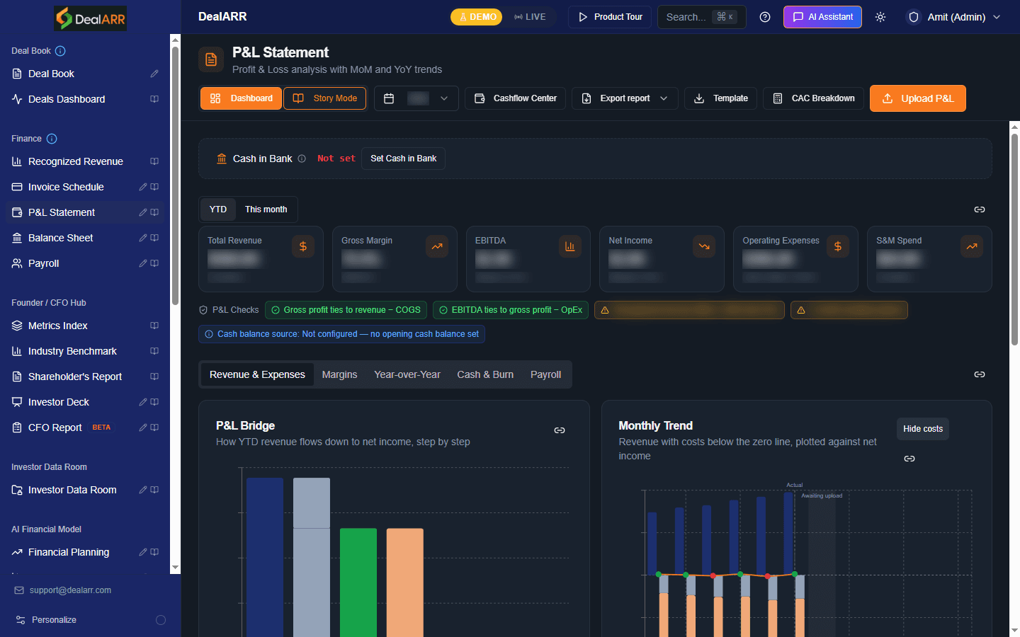 CFO profit and loss view tying revenue, margin and cash in DealARR