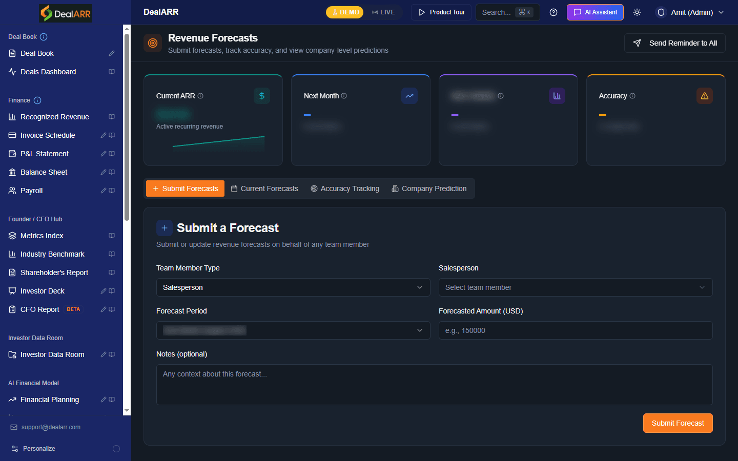 AI revenue forecast dashboard projecting the quarter from live deal data