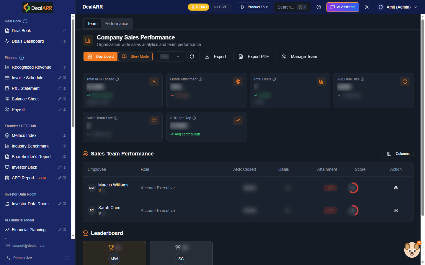 Revenue intelligence software dashboard showing pipeline, forecast and deal signals in DealARR