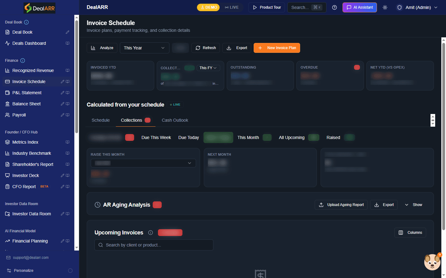 Subscription billing collections dashboard tracking overdue payments and cash outlook