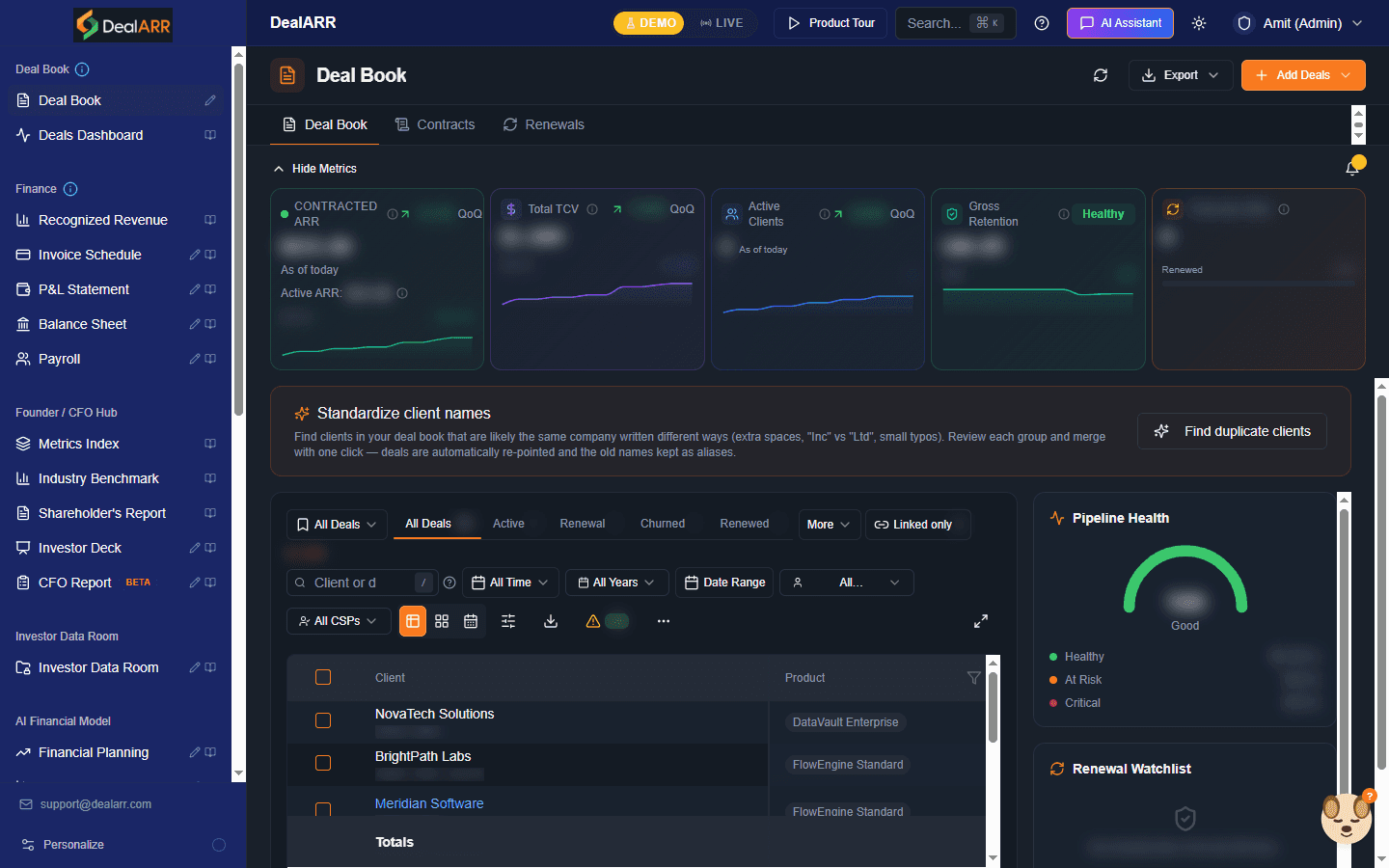 Subscription management software dashboard showing ARR, MRR and churn metrics in DealARR