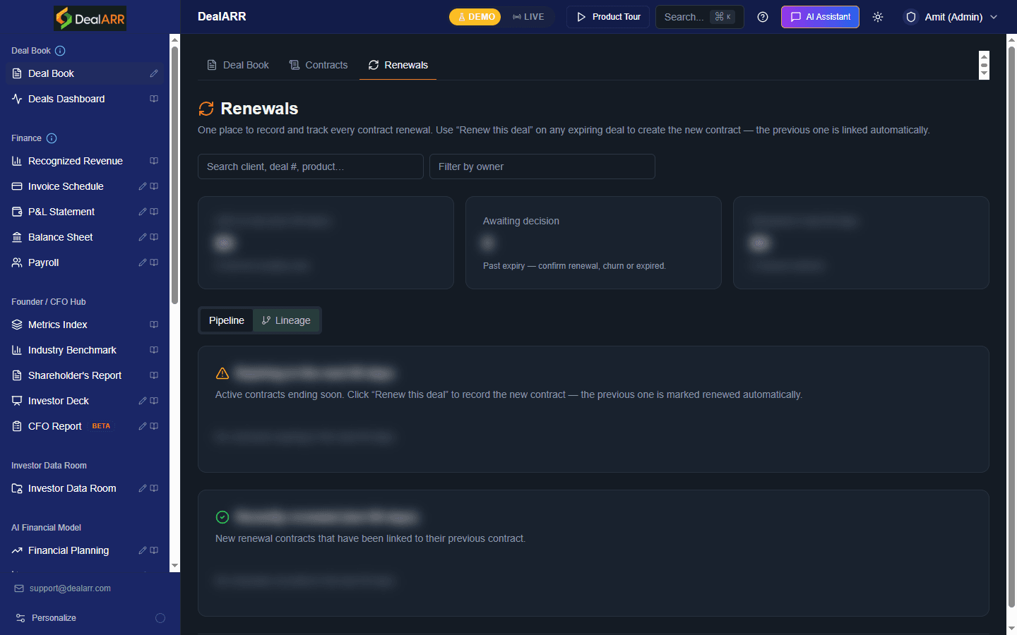 Deal book view of subscription contracts, renewal dates and ARR values