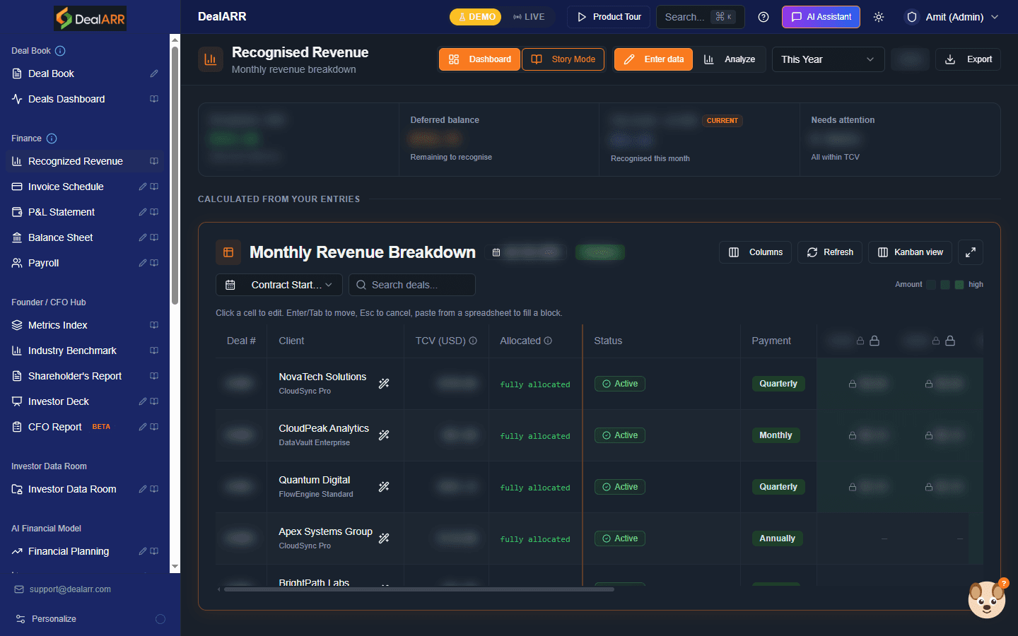ASC 606 revenue recognition schedule for subscription contracts in DealARR